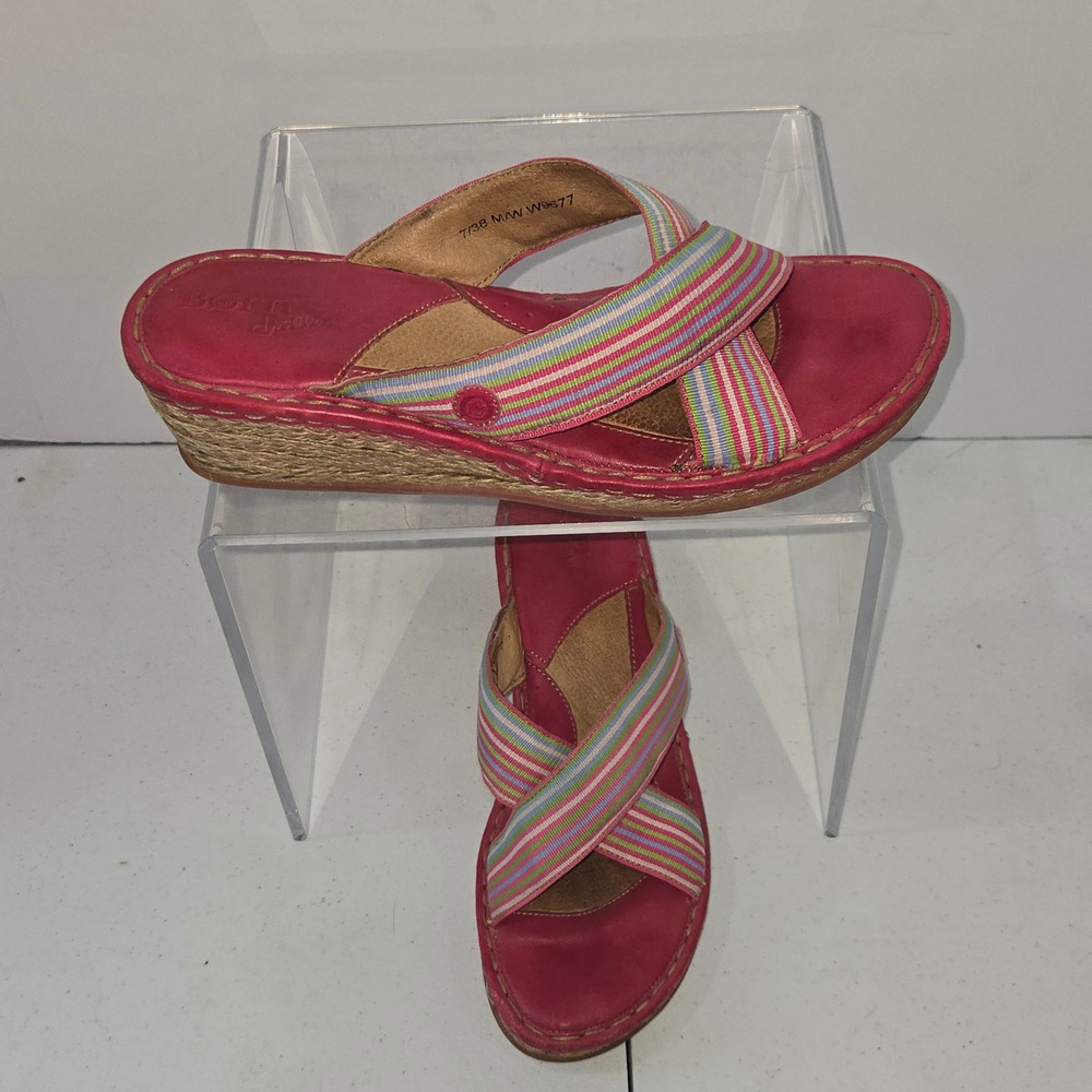 Born W9677 Pink Multi Color Striped Espadrille Wedge Sandals Womens Size 7/38